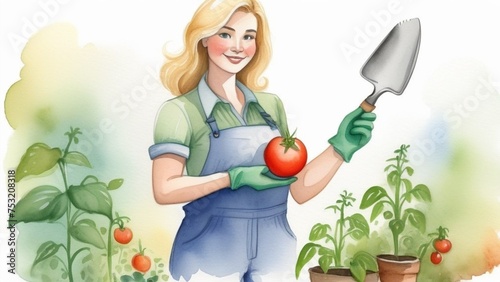 woman planting flowers, replanting plants, planting a seedling, against the background of clay pots with herbs, indoor flowers, holding gardening tools vegetable garden, spring, farm, growing tomatoes