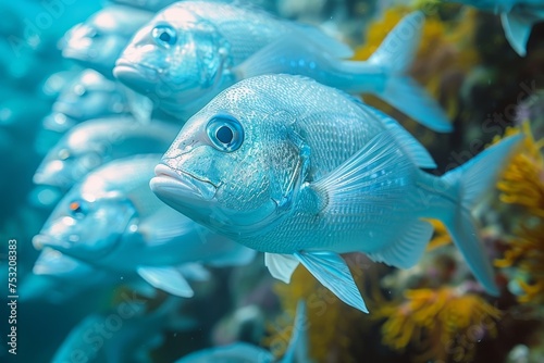 Detailed image focusing on a shiny blue fish, emphasizing its sharp gaze among aquatic surroundings