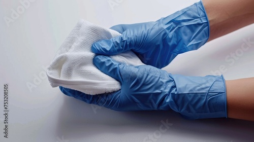 gloved hand in a medical glove holding a white washcloth on a white background.
