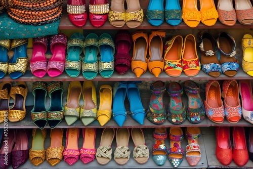 A wall display of colorful woman shoes
