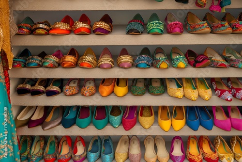 A wall display of colorful woman shoes