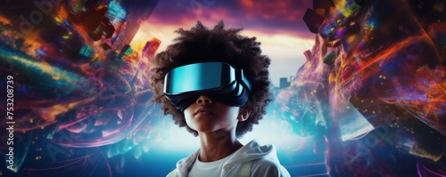 Boy in futuristic VR googles is exploring world with feeling like in space, banner. Generative Ai.