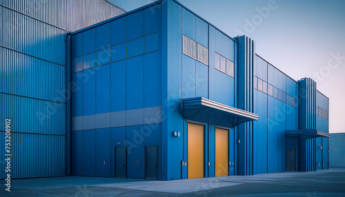 Exterior view of modern blue warehouse