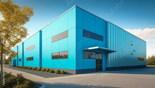 Exterior view of modern blue warehouse