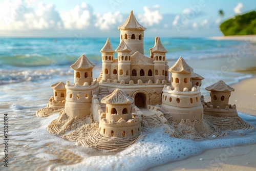 A grand sandcastle with multiple towers and intricate details adorns a tropical beachfront under clear skies, symbolizing creativity and fantasy © svastix