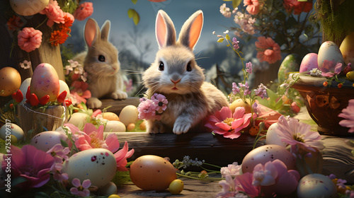 A playful and whimsical Easter scene with decorated eggs, bunnies, and spring flowers, capturing the spirit of renewal and joy associated with the holiday, Illustration Generative AI © QuantumQuotient