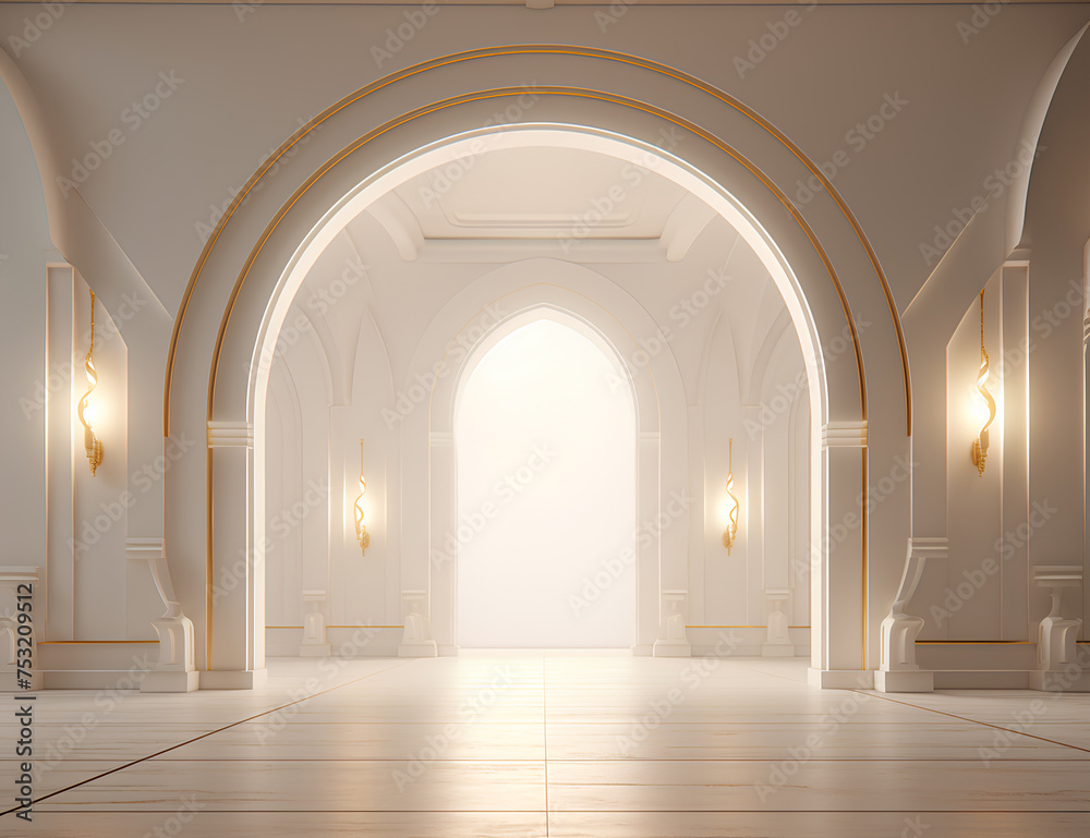 an arched door and golden arched lights, in the style of maquette, minimalist stage designs