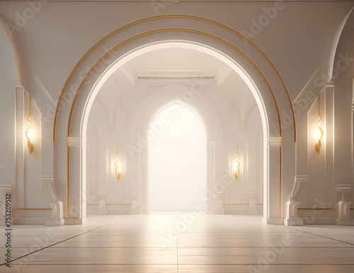 an arched door and golden arched lights, in the style of maquette, minimalist stage designs