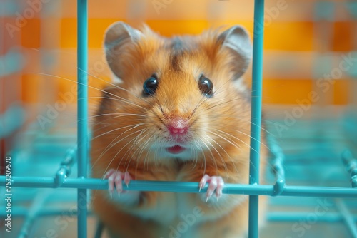 With its small paws wrapped around cage wires, the hamster's gaze seems to plead for attention or freedom