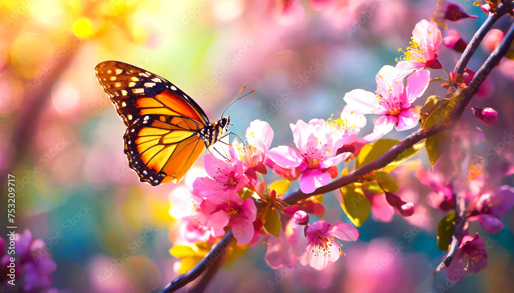 Spring blossom flowers with beautiful butterfly Flying Spring blossom flowers with beautiful butterfly Flying