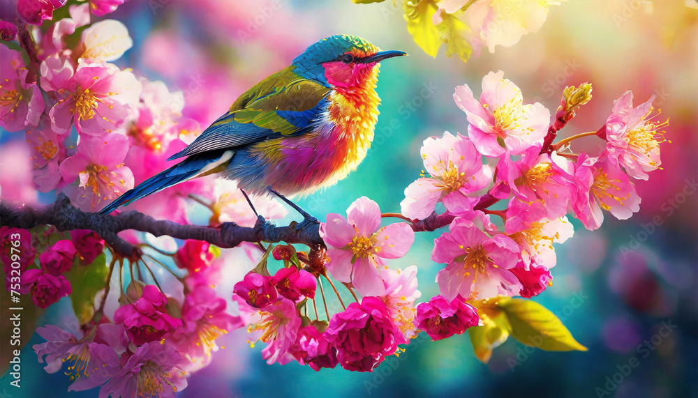 Spring branch of blossom flowers with Bird Sitting
