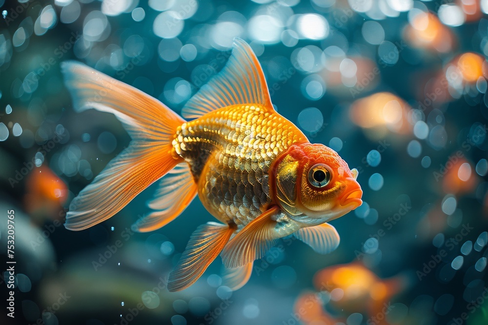 An impressive shot of a golden fish elegantly floating among spangled light bubbles in a tranquil water environment An impressive shot of a golden fish elegantly floating among spangled light bubbles in a tranquil water environment