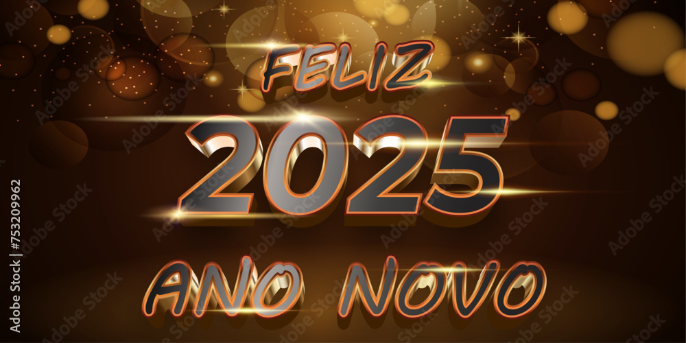 cartão ou banner para desejar um feliz ano novo 2025 em ouro e cinza em um fundo gradiente preto e marrom com círculos em efeito bokeh