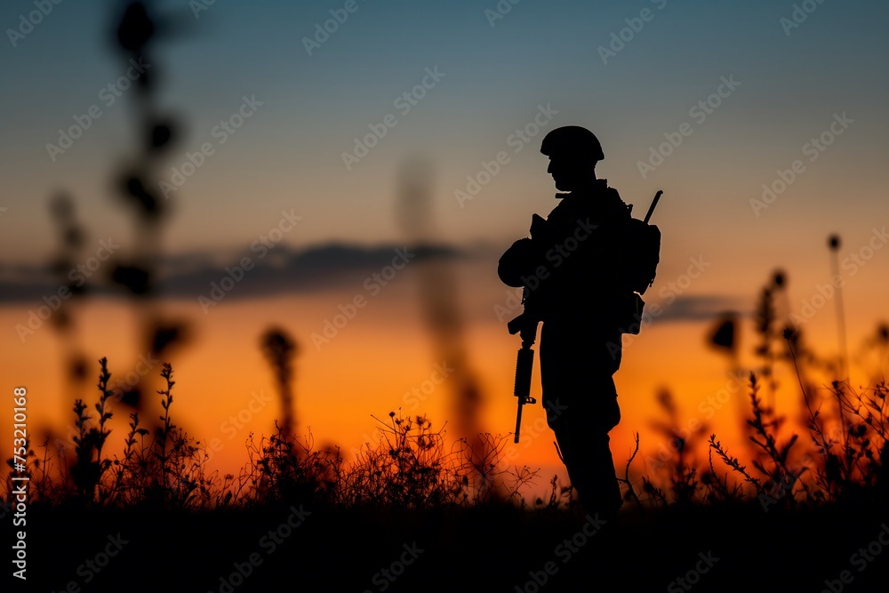 A Silhouette of a soldier stands in a field at sunset, holding his rifle. A Silhouette of a soldier stands in a field at sunset, holding his rifle.