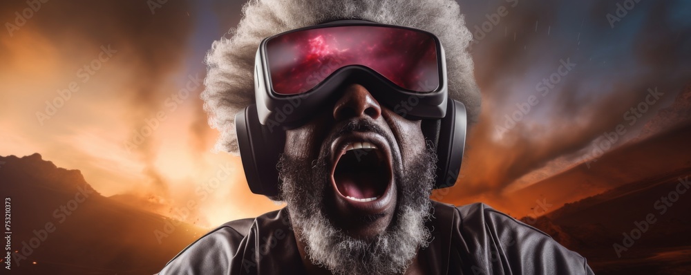 Old men in futuristic VR googles is exploring world with feeling like in space, banner. Generative Ai.