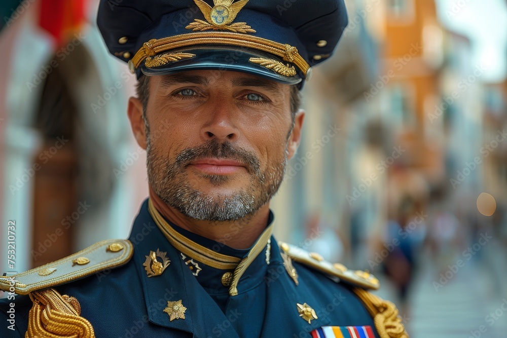 Handsome officer in uniform with medals smiling on a city street with soft bokeh Handsome officer in uniform with medals smiling on a city street with soft bokeh