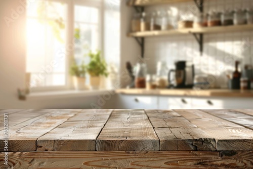 Wooden table with space for products on a blurred kitchen background