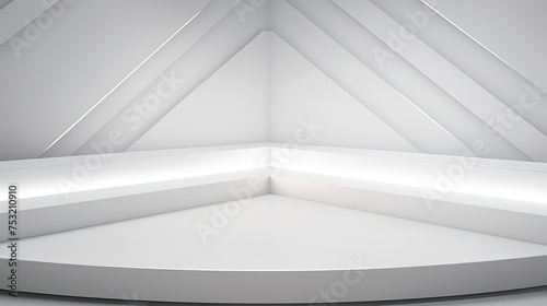 Fototapeta Naklejka Na Ścianę i Meble -  Soft light white abstract stage in elegant futuristic geometric style with simple lines and corners, polygons as background with white wood shelf for advertisement, presentation products, design