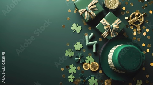 Saint Patrick day concept banner with copy space for message text. A green background with a green hat and a green box
