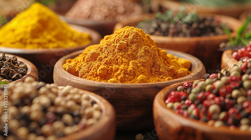 Colourful variety of spices at market. Selective focus. Copy space. Oriental cuisine concept. 