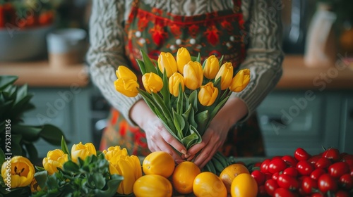 Woman Holding a Bouquet of Yellow Tulips
