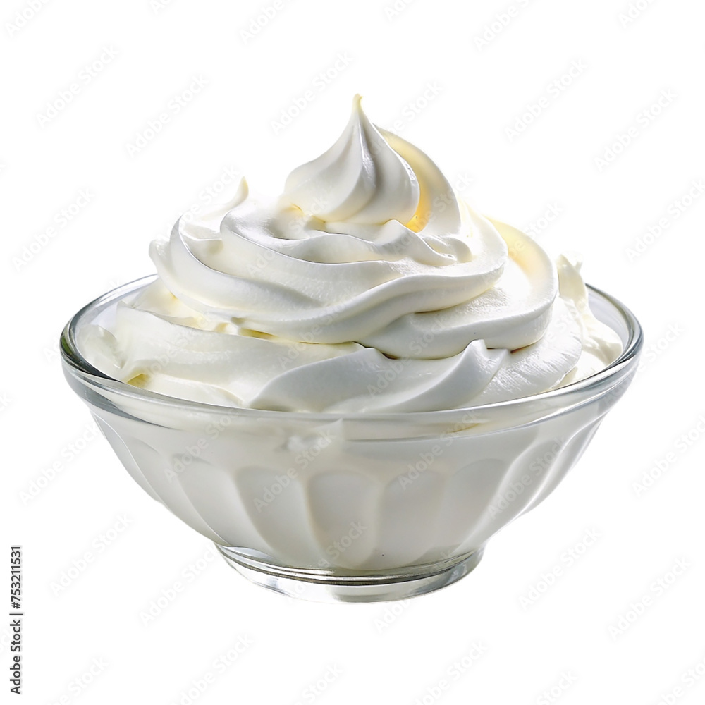 White whipped cream in glass bowl isolated on transparent background. White whipped cream in glass bowl isolated on transparent background.