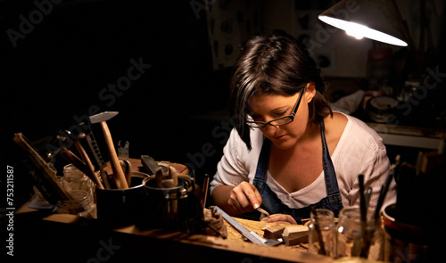 Woodwork, woman and tools with wood in workshop with craftsmanship, skill and handmade design with creativity. Artist, carpenter or creative person at workspace with equipment for handicraft or hobby