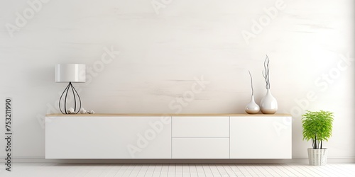 Rendered space with white wall and sideboard.