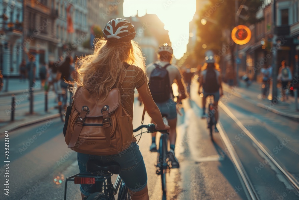 A group of friends biking through a bright cityscape.