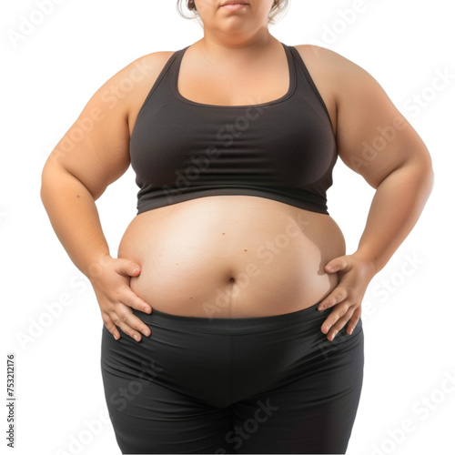 Fat woman, Fat girl, Fat belly, Chubby, Overweight fatty belly of woman isolated on white, Woman diet lifestyle concept to reduce belly and shape up healthy stomach muscle © Alina