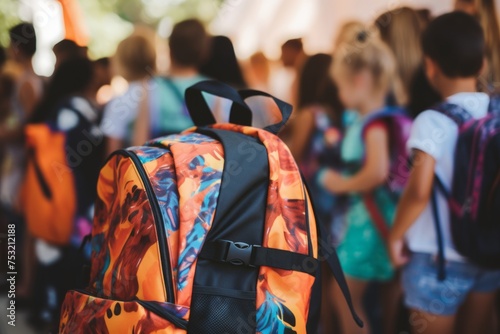 First day elementary school group little kids schoolchildren pupils student together going college class lesson study learn backpacks blurred background. Academic semester year start primary education photo