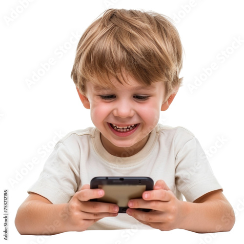 Little smiling child boy playing games or surfing internet on digital smartphone computer white isolated. With clipping path