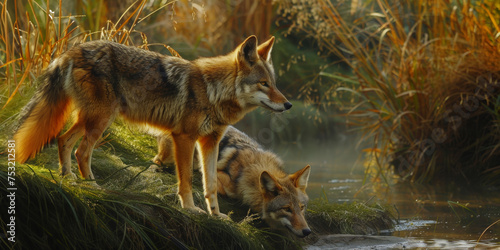 Coyotes on edge of creek