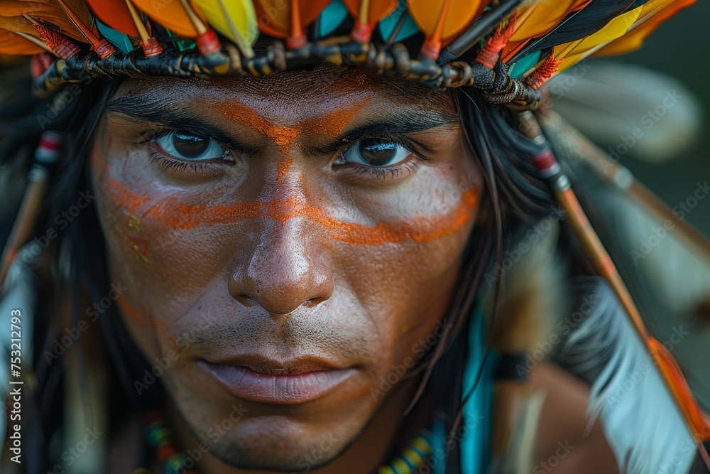 Close-up of a young man with orange face paint wearing a colorful Native American headdress Close-up of a young man with orange face paint wearing a colorful Native American headdress