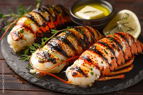 Grilled eco-friendly lobster tails, served with a side of organic butter infused with garden herbs, symbolizing a commitment to sustainable seafood practices for Earth Day