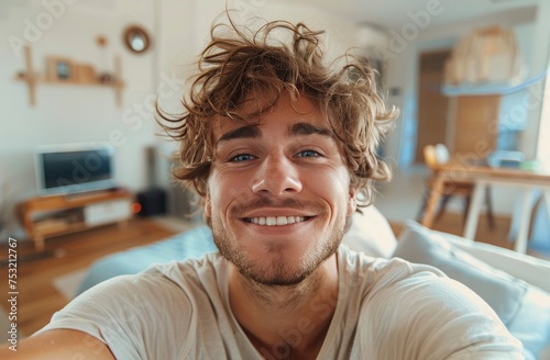 Young Man With Curly Hair Sitting in Living Room © olegganko