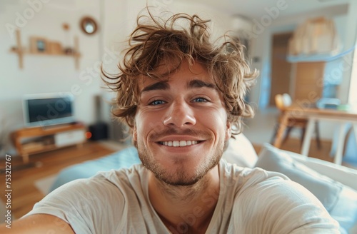 Young Man With Curly Hair Sitting in Living Room
