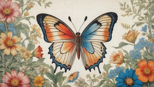 Colorful and detailed fresco drawing of a butterfly surrounded by flowers © varol