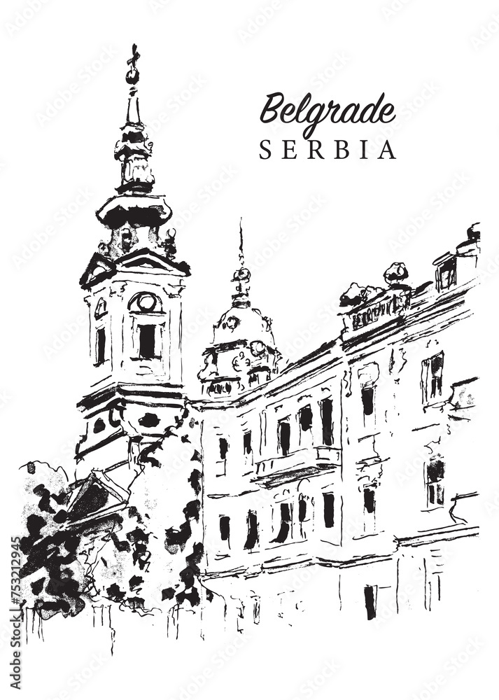 Drawing sketch illustration of the Michael the Archangel Church in Belgrade, Serbia