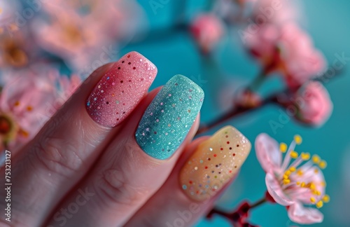 Womans Hand With Pink and Blue Nail Polish