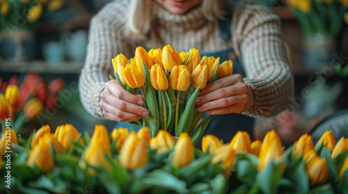 Woman Holding a Bouquet of Yellow Tulips