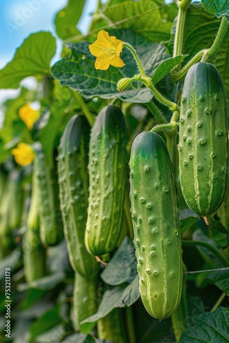 Cucumbers Growing on Vine With Yellow Flowers