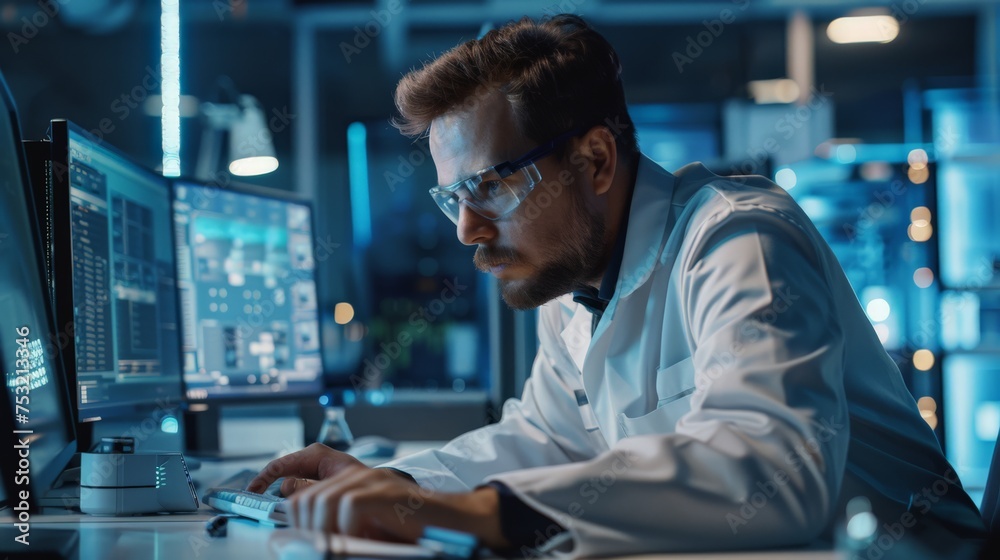 A scientist conducts experiments in a laboratory, utilizing a computer and specialized scientific equipment for research and analysis A scientist conducts experiments in a laboratory, utilizing a computer and specialized scientific equipment for research and analysis