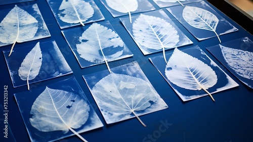 The sun-printing or cyanotype process produces a striking image of a skeleton leaf, showcasing intricate details in shades of blue. photo