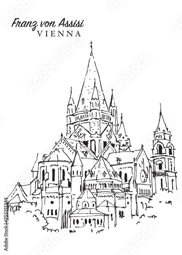 Drawing sketch illustration of the Franz von Assisi catholic church in Vienna, Austria © EnginKorkmaz