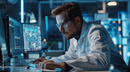 A scientist conducts experiments in a laboratory, utilizing a computer and specialized scientific equipment for research and analysis