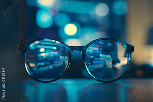 A macro shot capturing the details of a pair of glasses reflecting the screen of a computer displaying e-learning materials, shot from hiding camera, minimalistic style,