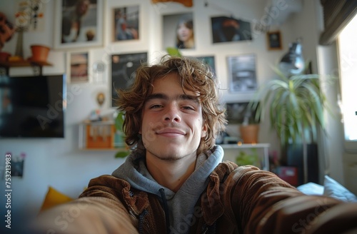 Young Man With Curly Hair Sitting in Living Room