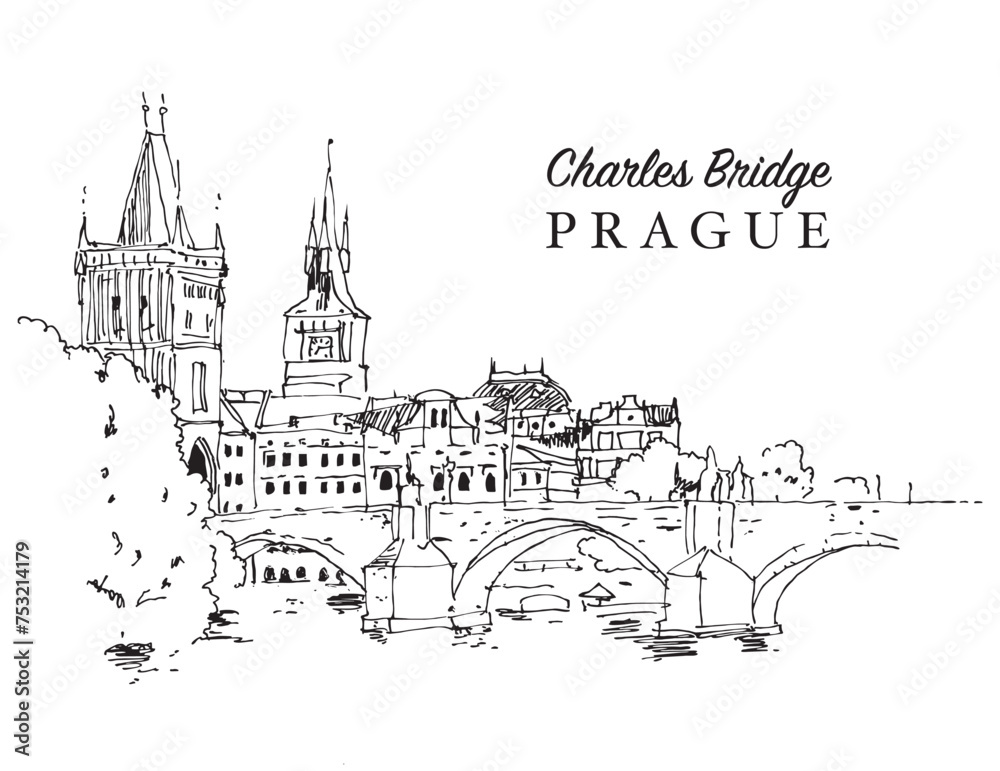 Drawing sketch illustration of the Charles Bridge in Prague, Czechia