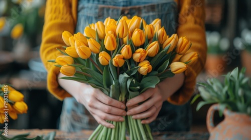 Woman Holding a Bouquet of Yellow Tulips